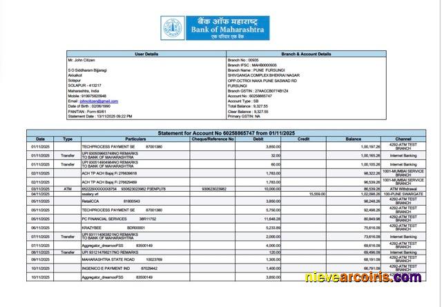 India Bank of Maharashtra statement for account Word and PDF